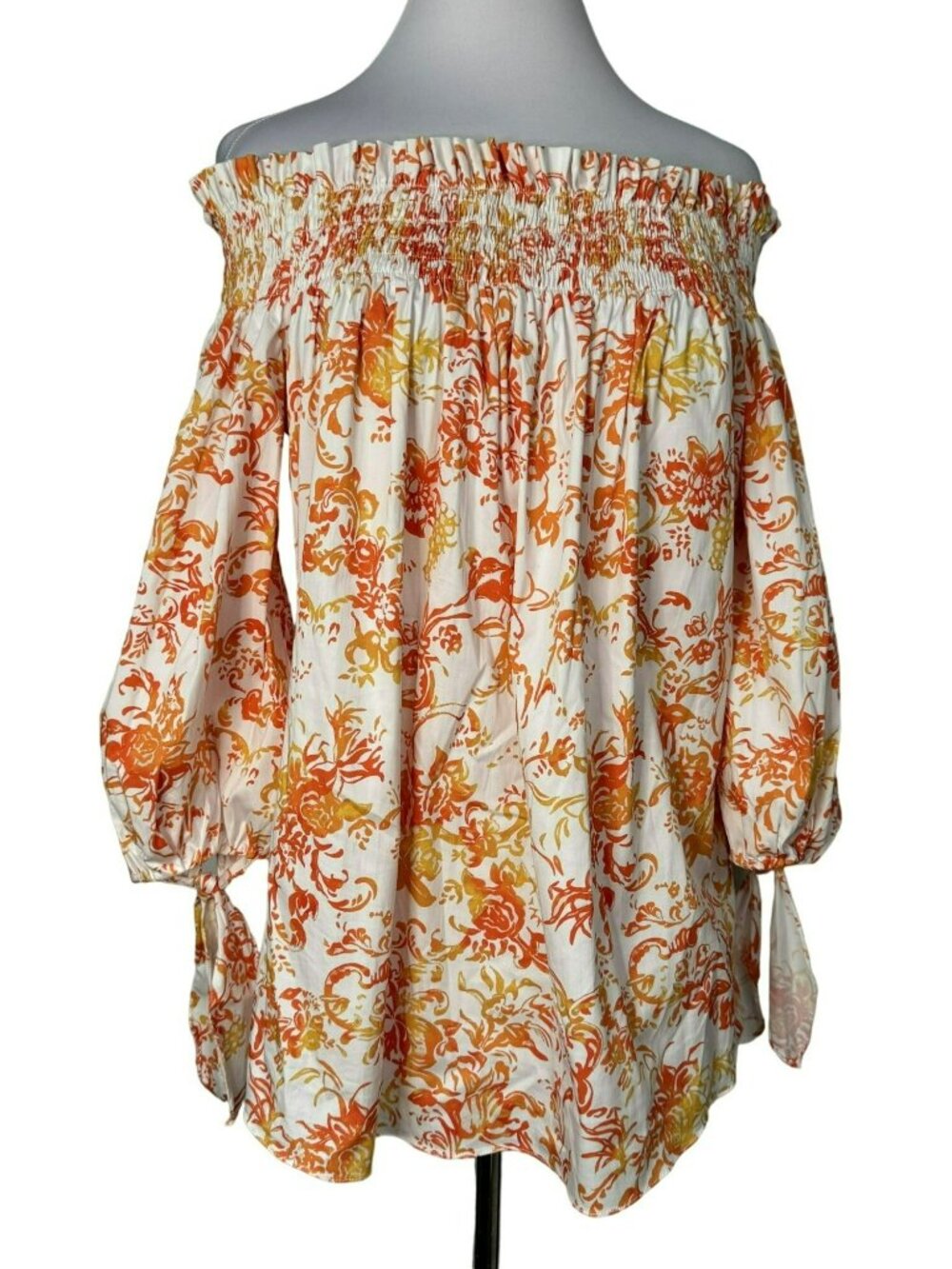 Caroline Constas LOU Off Shoulder Cotton Floral Print Orange White Top Sz M